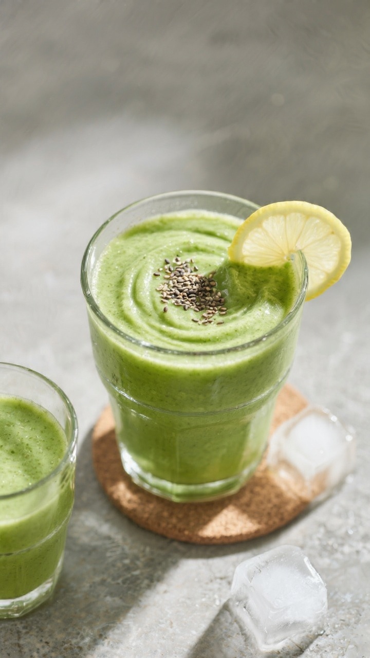 Tasty top view: Overhead shot of the finished Green Ginger Apple Smoothie in a wide-mouth glass on a
