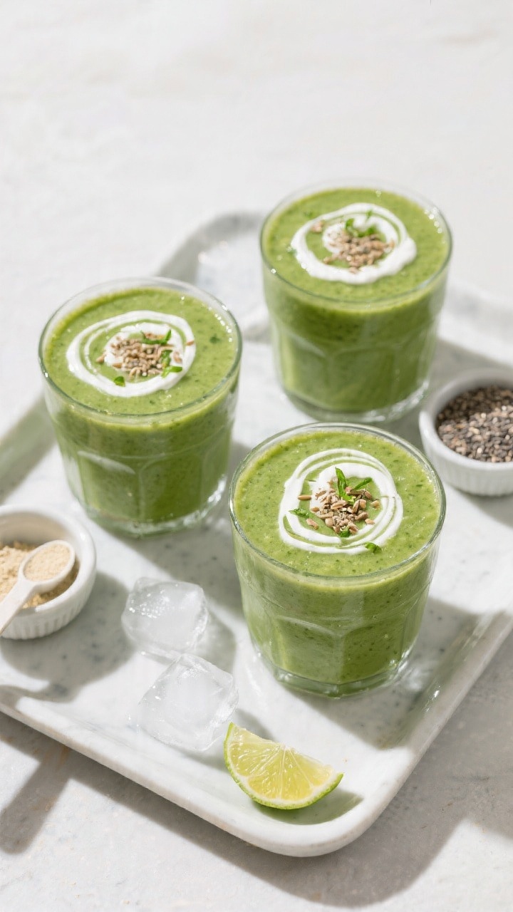 Tasty top view: Overhead shot of the finished Green Mango Spinach Smoothie served in two glasses on 