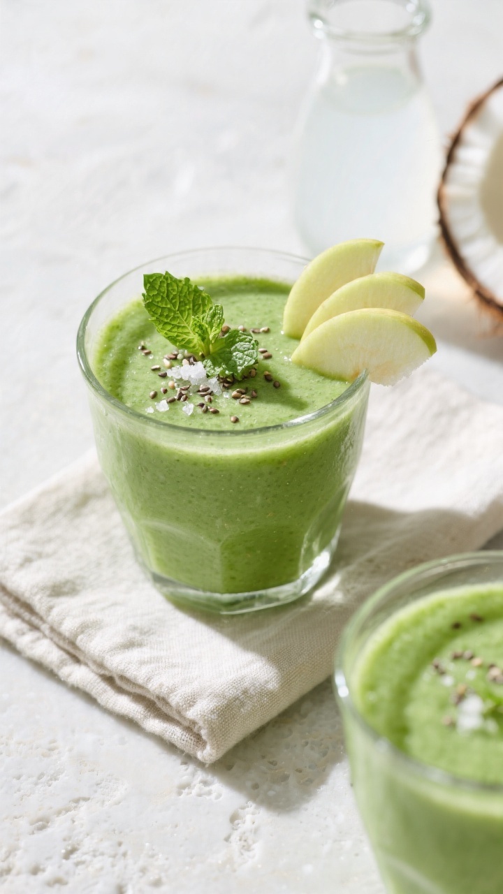Tasty top view: Overhead shot of the finished Green Apple Detox Smoothie in a wide, low tumbler, vib