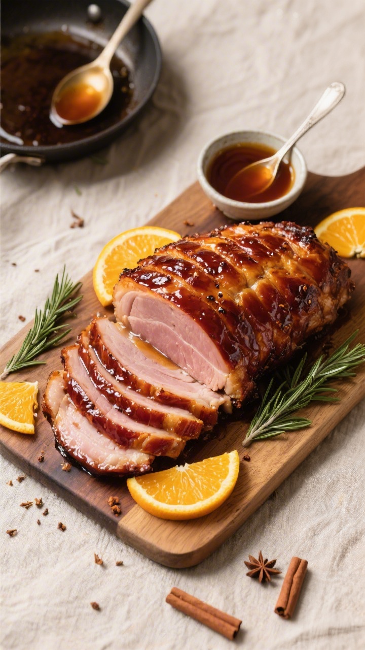 Tasty top view: Overhead shot of the finished honey baked ham on a carving board, fanned spiral slic