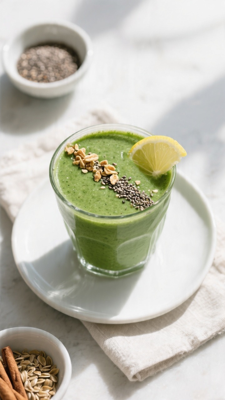 Tasty top view: Overhead shot of the finished Kale Smoothie garnished with a neat line of granola, a