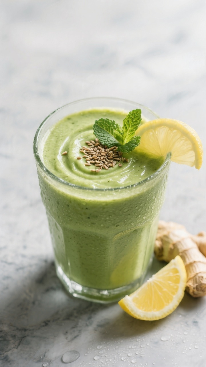Tasty top view: Overhead shot of the finished Kale Avocado Detox Smoothie in a wide-mouth glass, vib