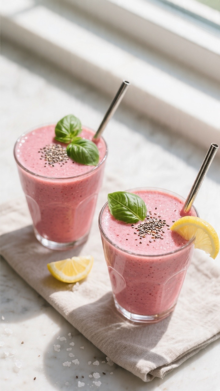 Tasty top view: Overhead shot of the finished Keto Strawberry Basil Smoothie served in two short, wi