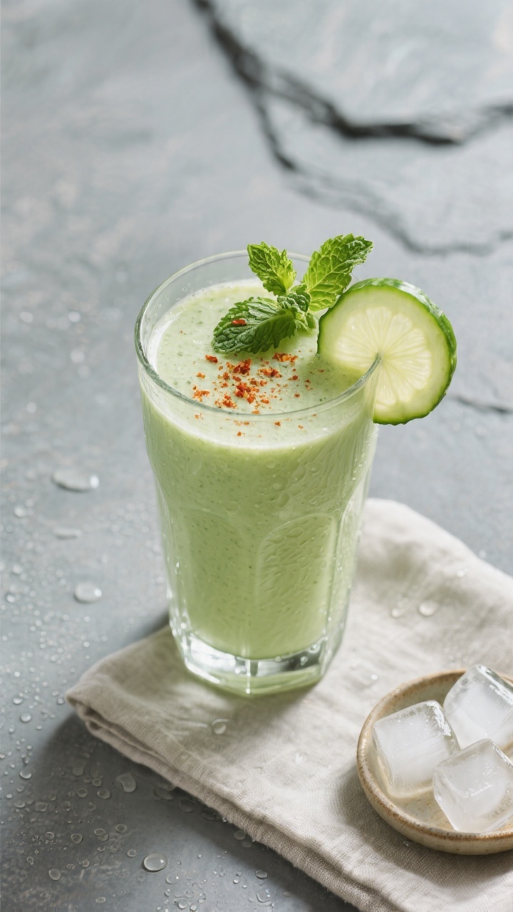 Tasty top view: Overhead shot of the finished Lemon Ginger Fat Burner Smoothie in a clear highball g