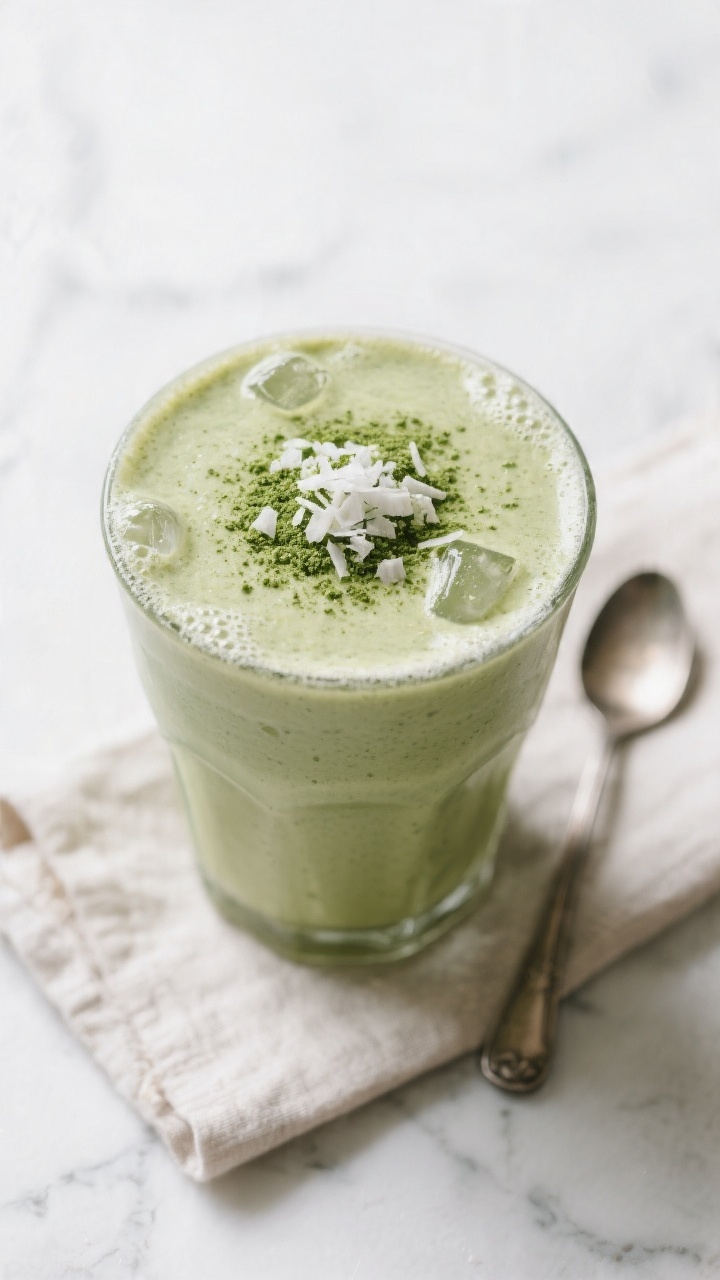 Tasty top view: Overhead shot of the finished Matcha Coconut Keto Smoothie in a short tumbler, toppe