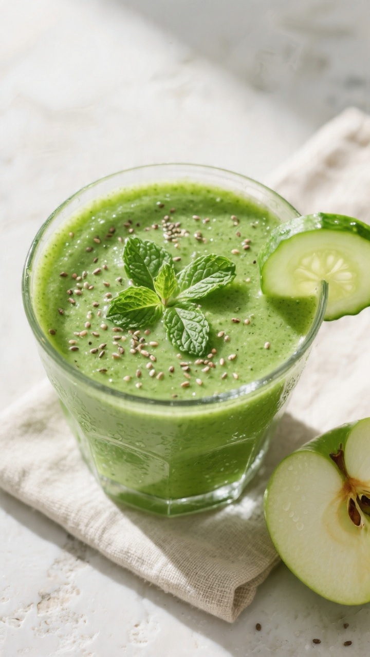 Tasty top view: Overhead shot of the finished Morning Green Glow Detox Smoothie in a wide-mouth glas