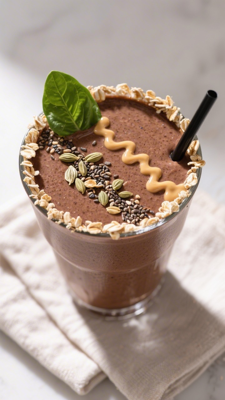 Tasty top view: Overhead shot of the finished Muscle Building Vegan Smoothie in a wide tumbler, rich