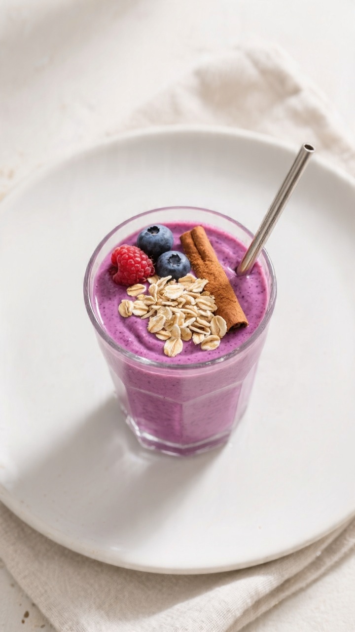 Tasty top view: Overhead shot of the finished Oatmeal Berry Smoothie poured into a clear highball gl