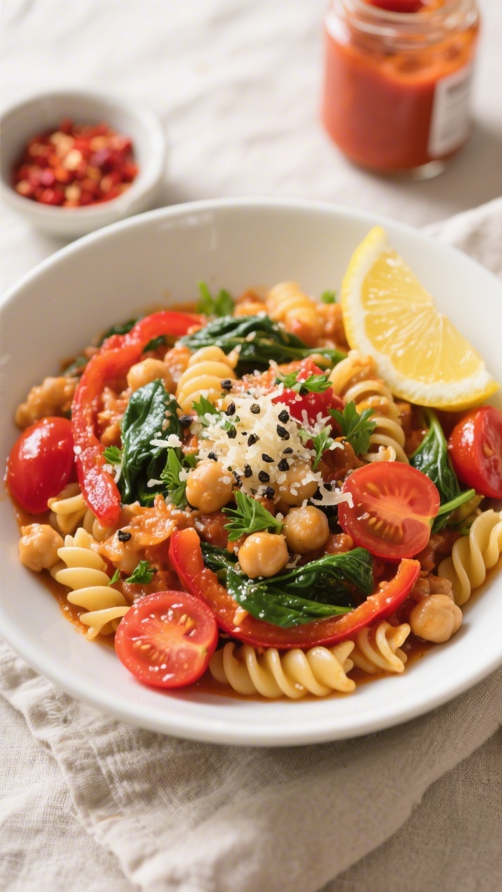Tasty top view: Overhead shot of the finished one-pot vegan chickpea and small pasta bowl, saucy and