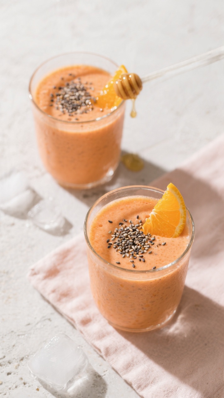 Tasty top view: Overhead shot of the finished Orange Peach Chia Smoothie in two glasses on a light s