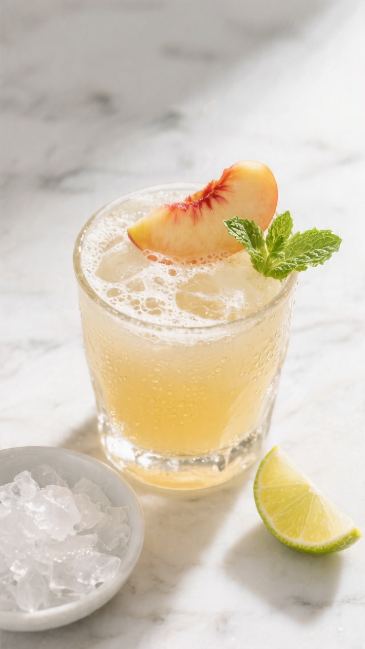Tasty top view: Overhead shot of the finished Peach Cocktail in a rocks glass, topped with lively gi
