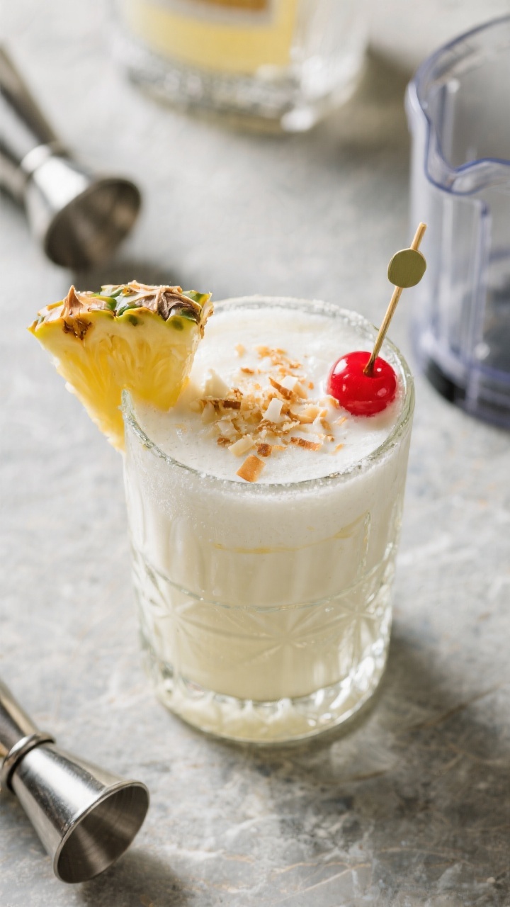 Tasty top view: Overhead shot of the finished Piña Colada in a hurricane glass, thick and frosty wi