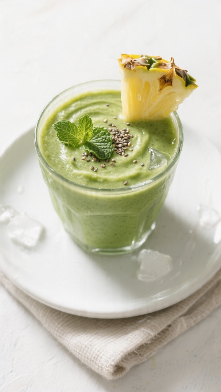 Tasty top view: Overhead shot of the finished pineapple spinach detox smoothie in a wide-mouth glass