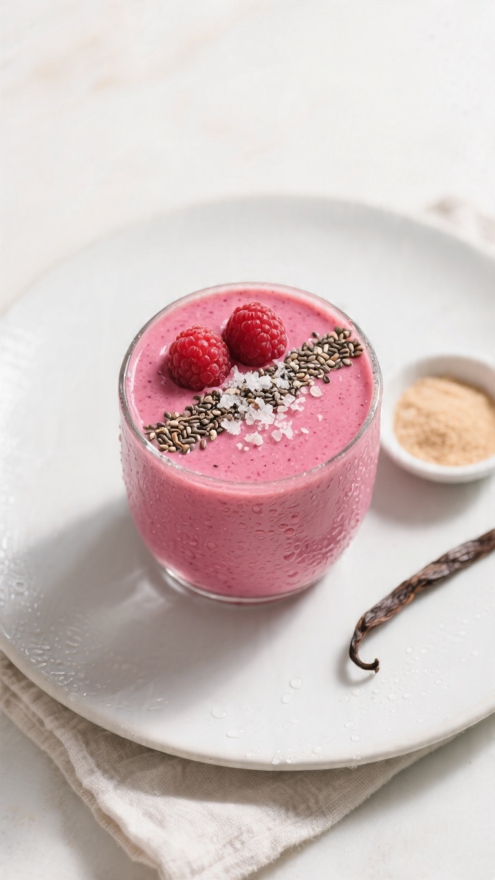 Tasty top view: Overhead shot of the finished Raspberry Almond Keto Smoothie in a wide glass, vibran
