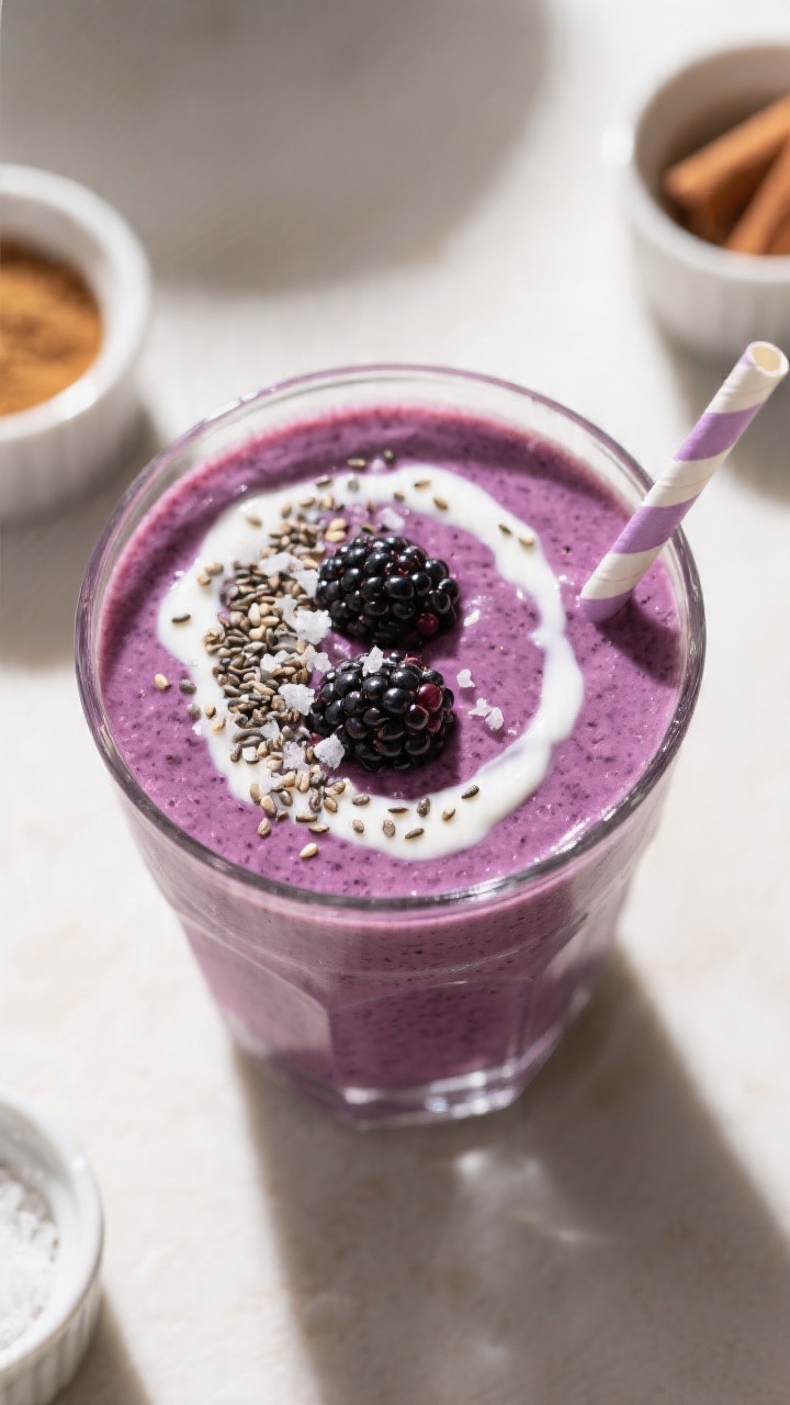Tasty top view: Overhead shot of the finished smoothie in a wide-mouth glass, topped with a neat spr