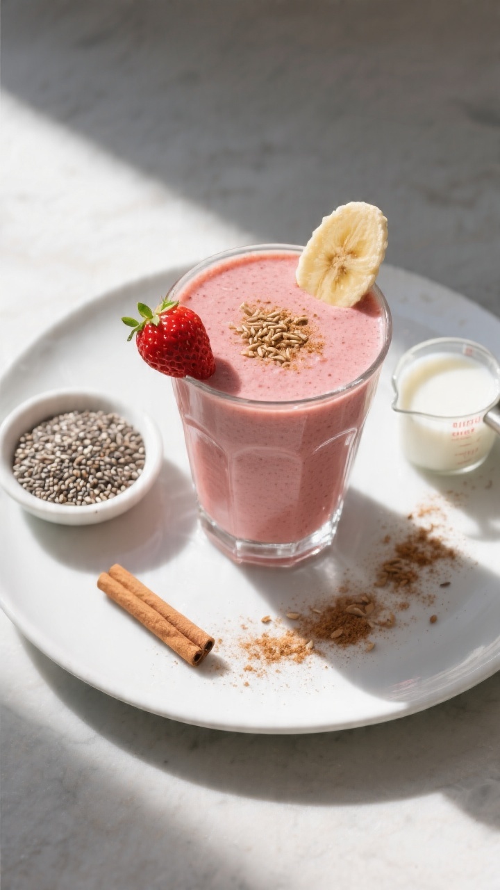 Tasty top view: Overhead shot of the finished strawberry banana smoothie served in a tall glass on a