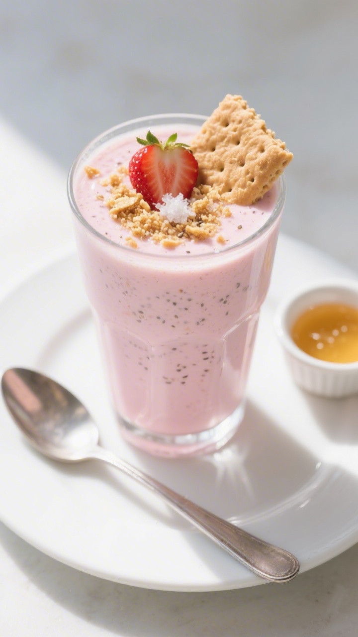 Tasty top view: Overhead shot of the finished Strawberry Cheesecake Protein Shake in a tall glass to