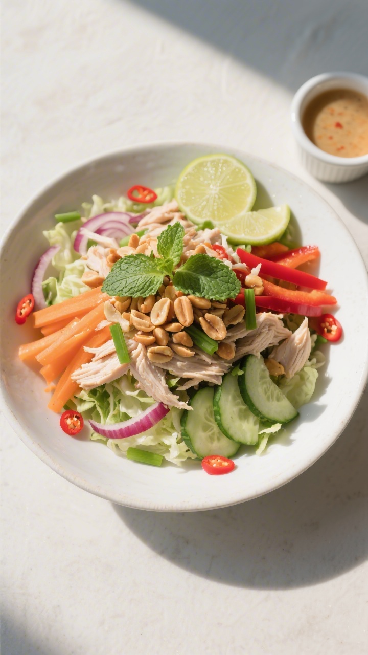 Tasty top view: Overhead shot of the finished Thai Chicken Salad arranged in a wide, white ceramic b