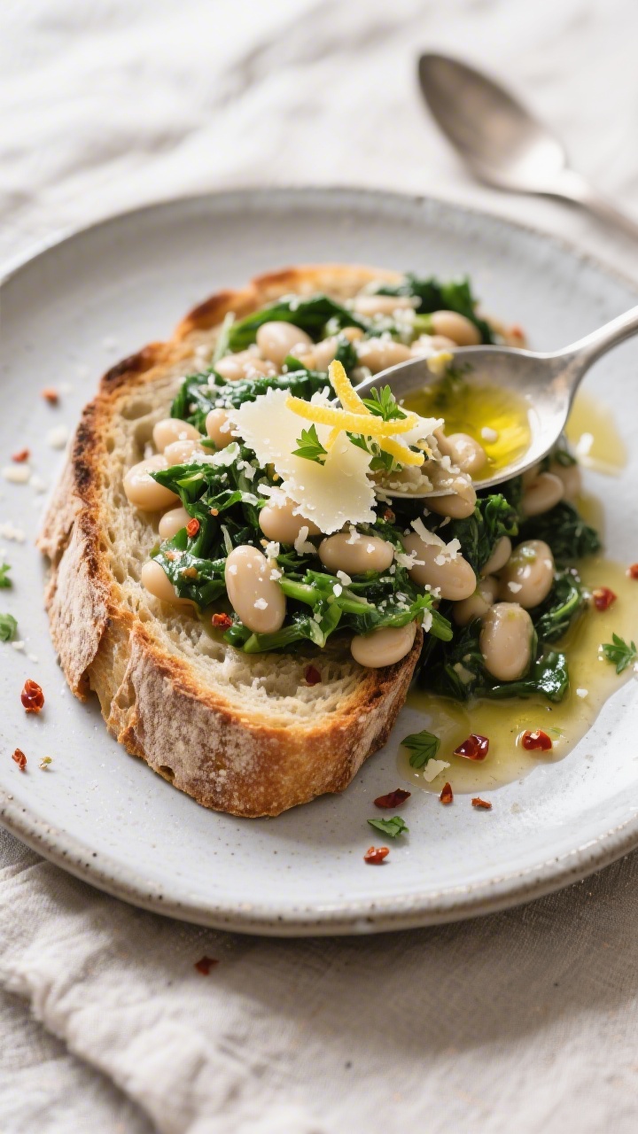 Tasty top view: Overhead shot of the finished White Bean Greens Skillet spooned over a slice of crus