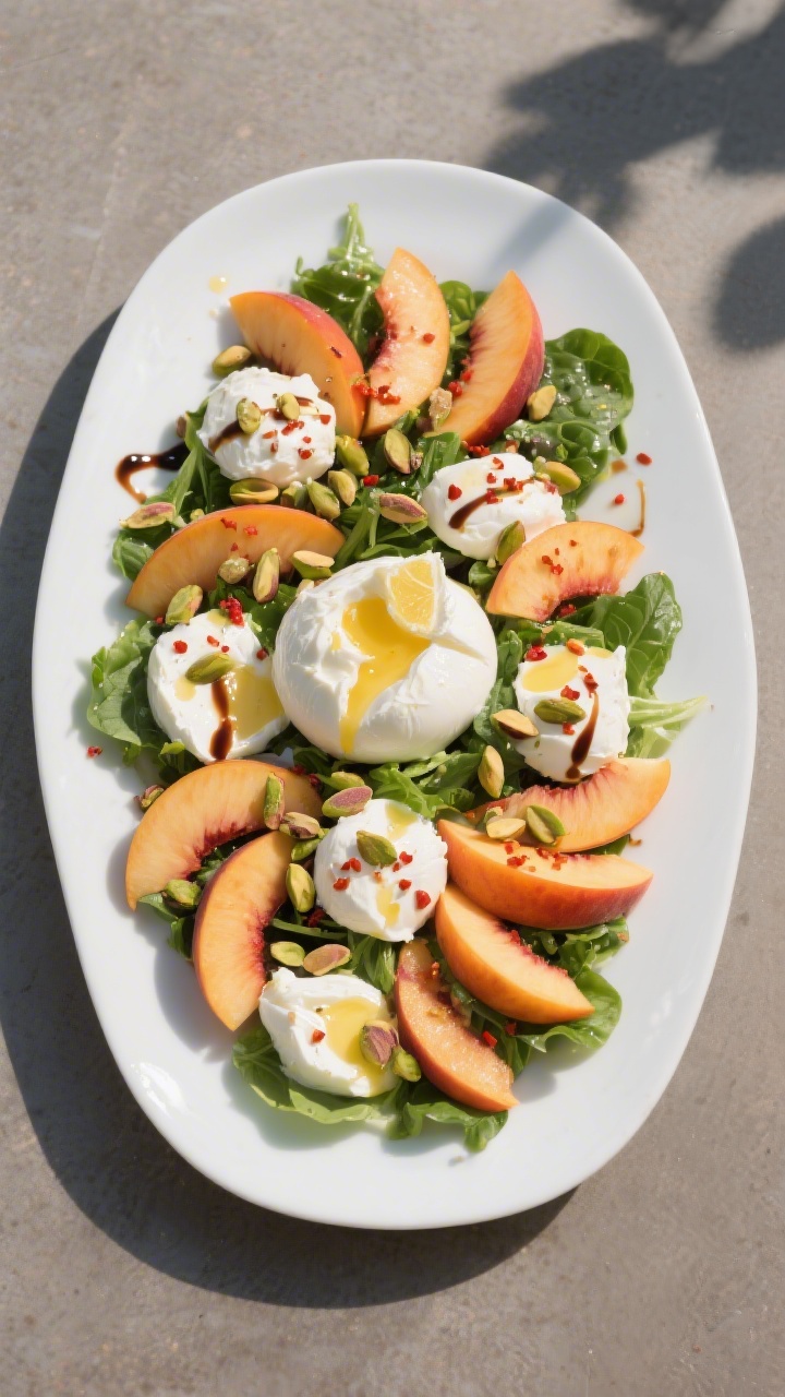 Tasty top view: Overhead shot of the fully assembled Peach and Burrata Salad on a wide white platter