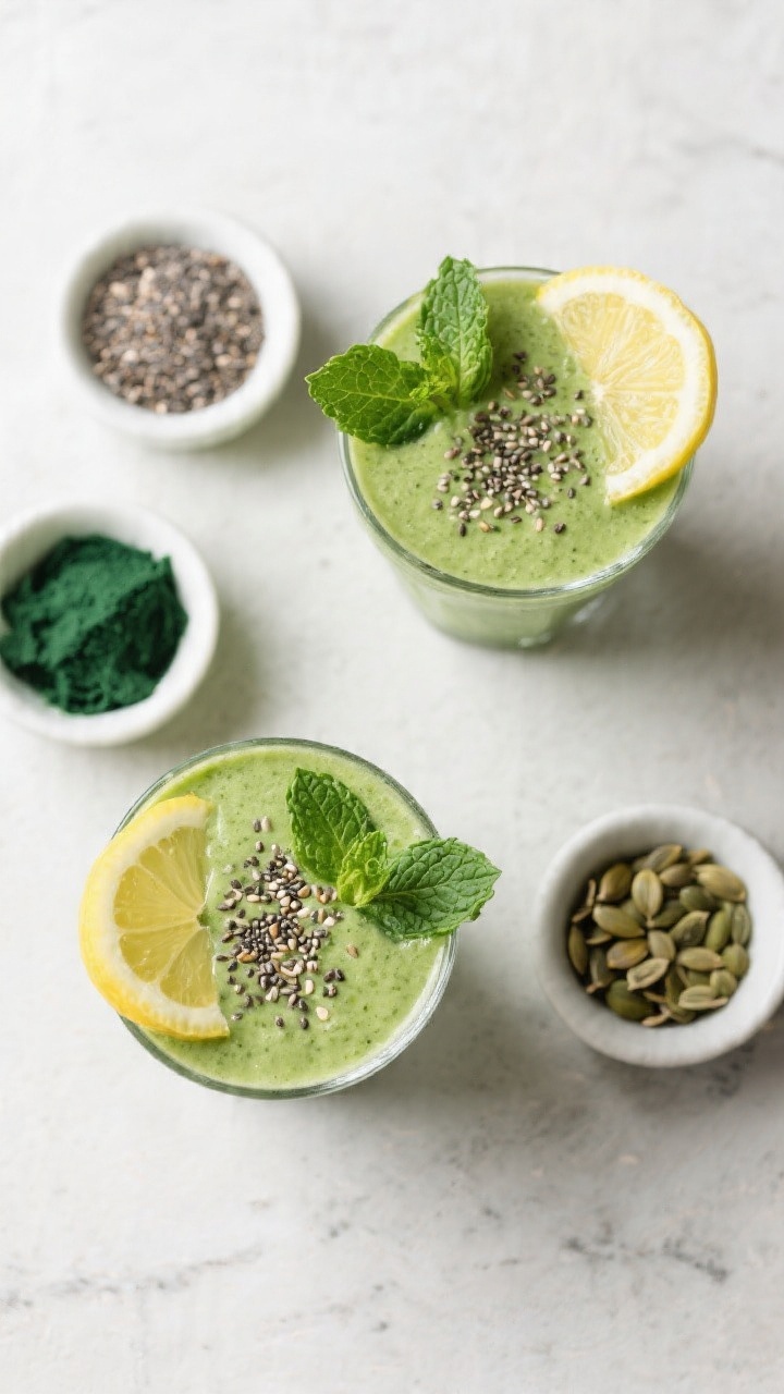 Tasty top view: Overhead shot of the Heavy Metal Detox Smoothie served in two glasses on a light sto