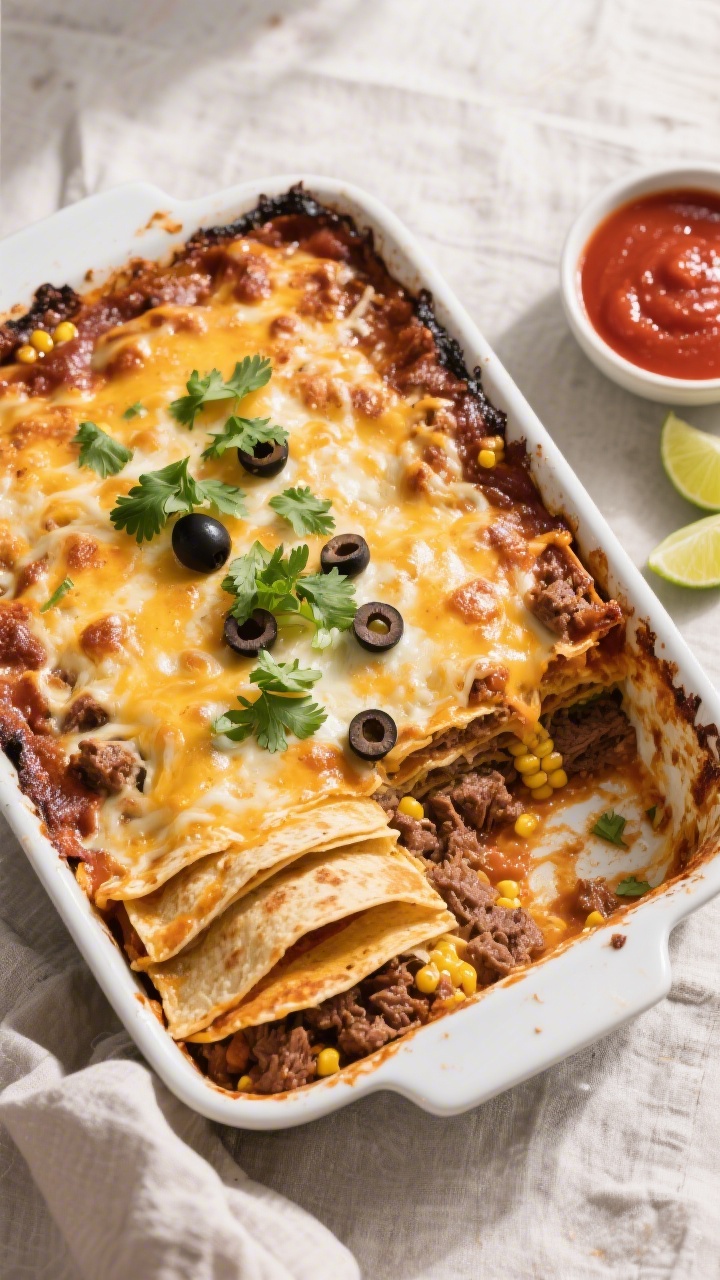 Tasty top view: Overhead shot of the layered beef enchilada casserole just out of the oven in a 9x13