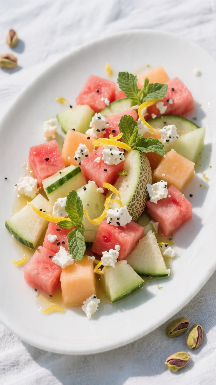 Tasty top view: Overhead shot of the “Melon Medley With Feta” final presentation—neat cubes of