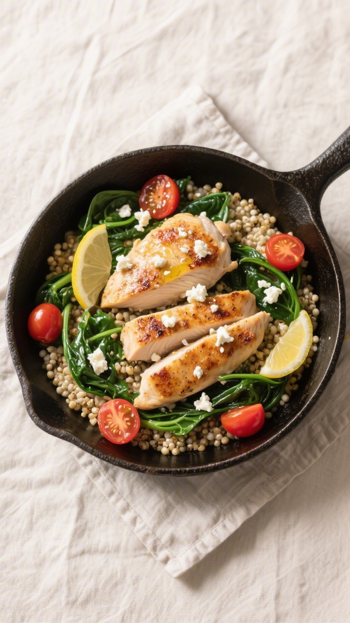 Tasty top view: Overhead shot of the one-pan chicken and quinoa with spinach—juicy seared chicken 
