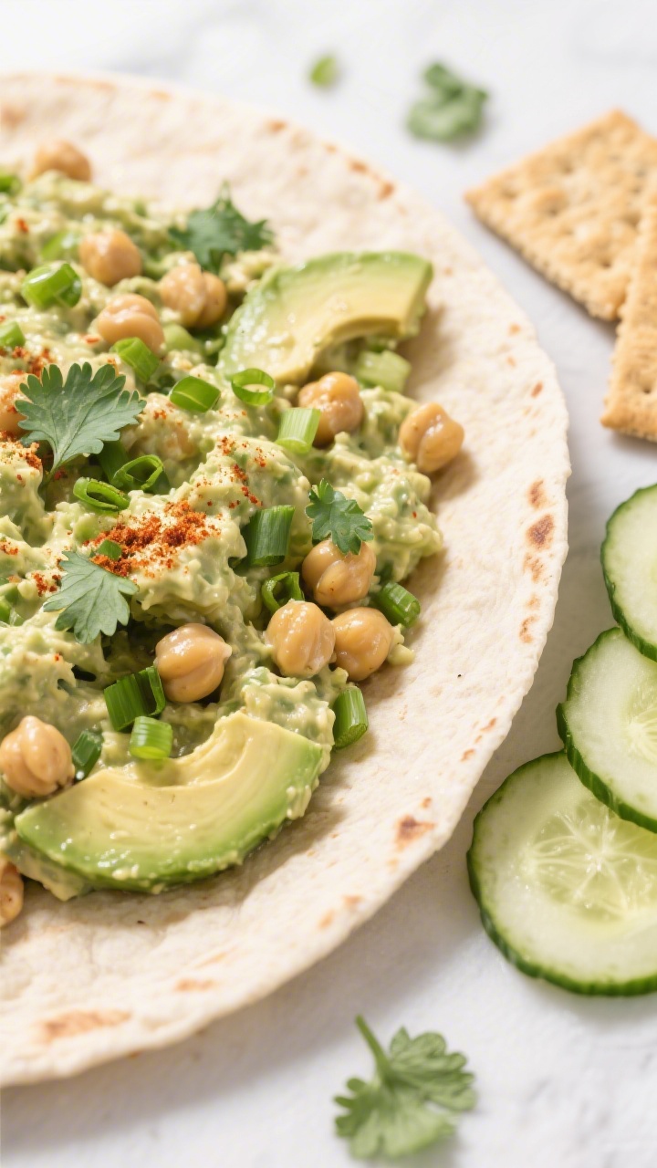 Tasty top view: Overhead shot of the salad used as a wrap filling—large tortilla spread with the c