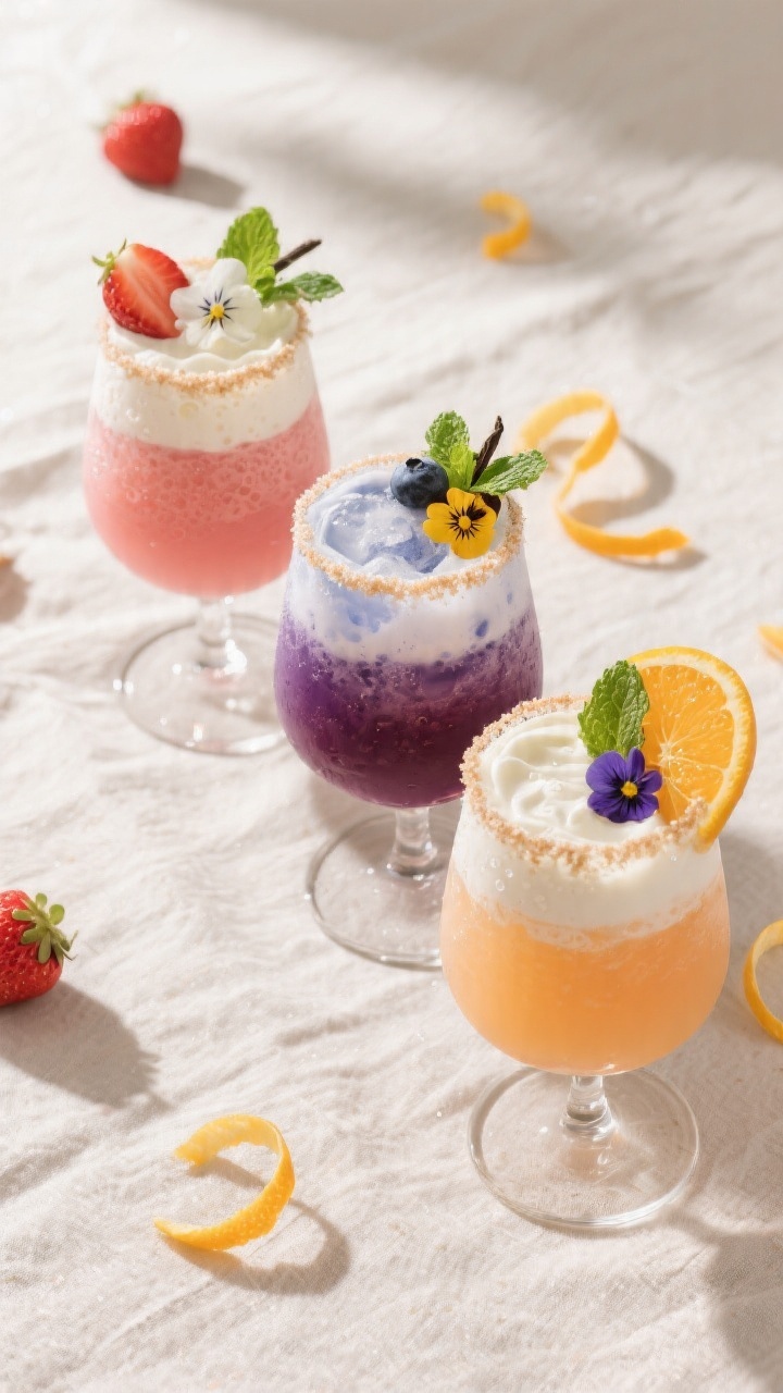 Tasty top view: Overhead shot of three finished cream sodas in stemless wine glasses, each a differe