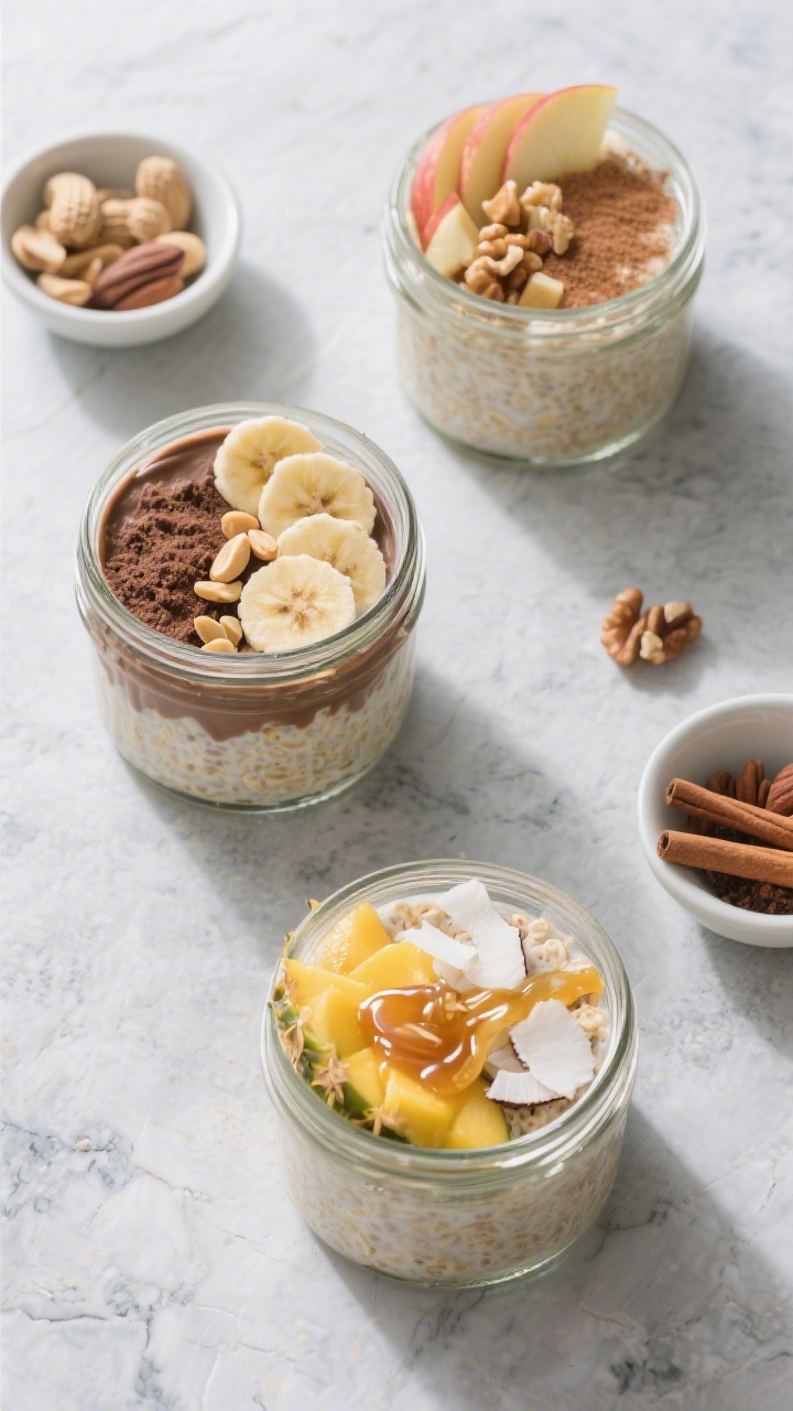 Tasty top view: Overhead shot of three meal-prep jars of overnight oats on a cool-toned stone surfac