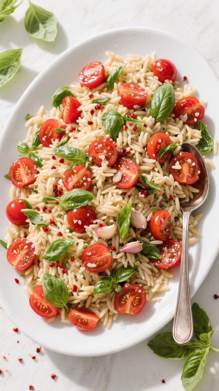 Tasty top view: Overhead shot of tomato basil orzo salad plated for a crowd—al dente orzo studded 
