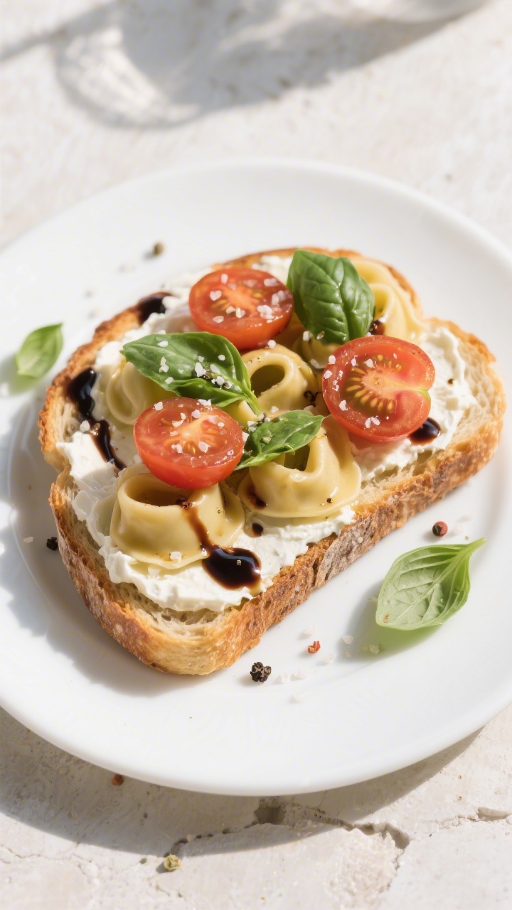Tasty top view: Overhead shot of Tomato Basil “Tortellini-Style” Toast—golden, sturdy sourdoug