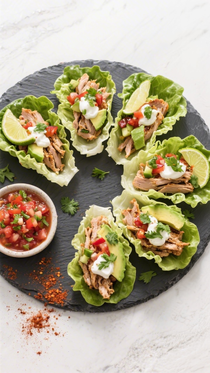Tasty top view: Overhead shot of Turkey Taco Lettuce Wraps arranged in a semicircle on a slate platt
