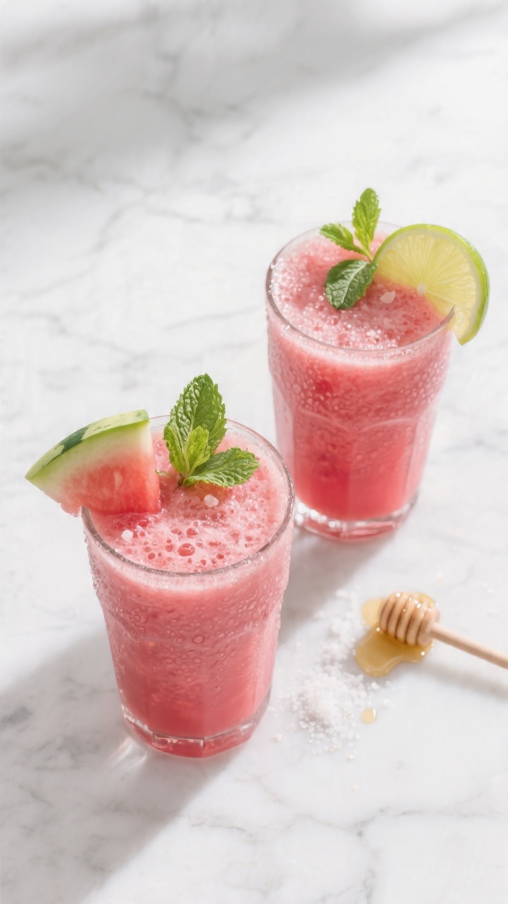 Tasty top view: Overhead shot of two chilled glasses filled to the brim with vibrant pink watermelon