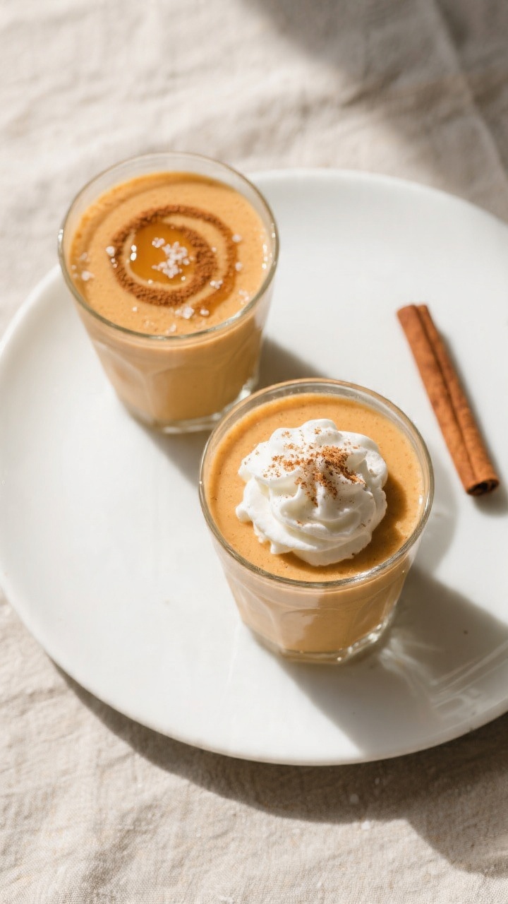 Tasty top view: Overhead shot of two chilled glasses filled with Pumpkin Spice Smoothie, topped with
