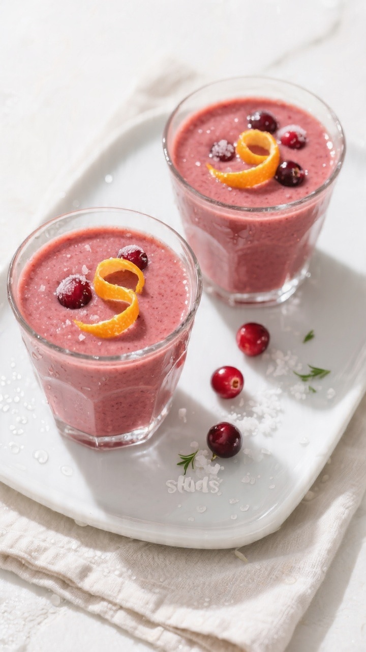Tasty top view: Overhead shot of two chilled glasses filled with the cranberry orange smoothie, thic