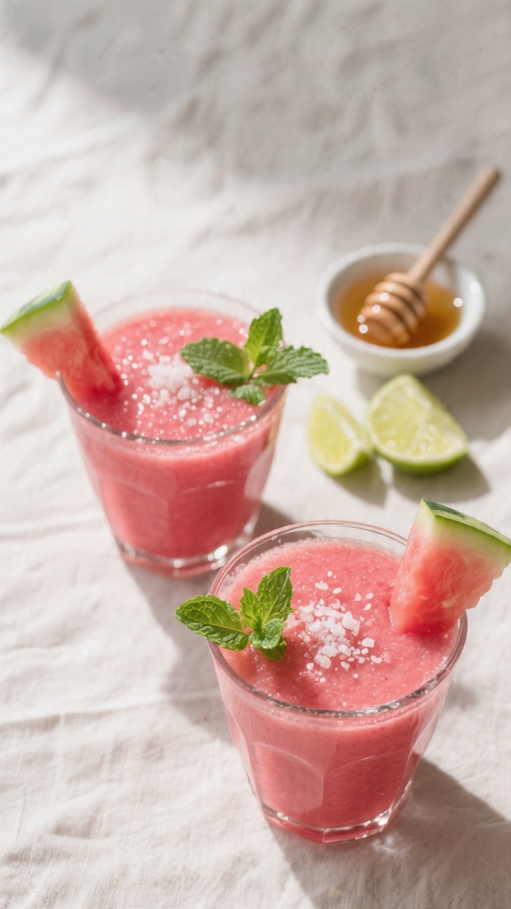Tasty top view: Overhead shot of two chilled glasses filled with bright pink watermelon smoothie, th