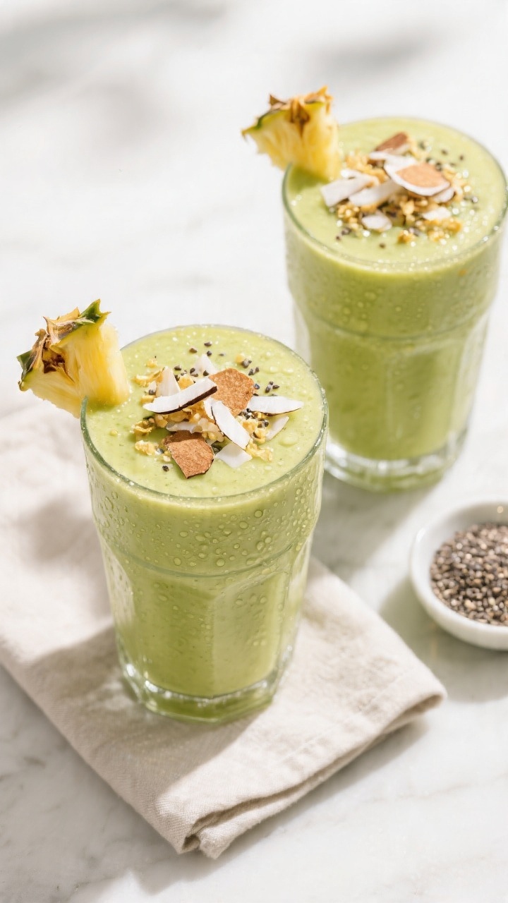 Tasty top view: Overhead shot of two filled Avocolada smoothies in clear glasses, topped generously 