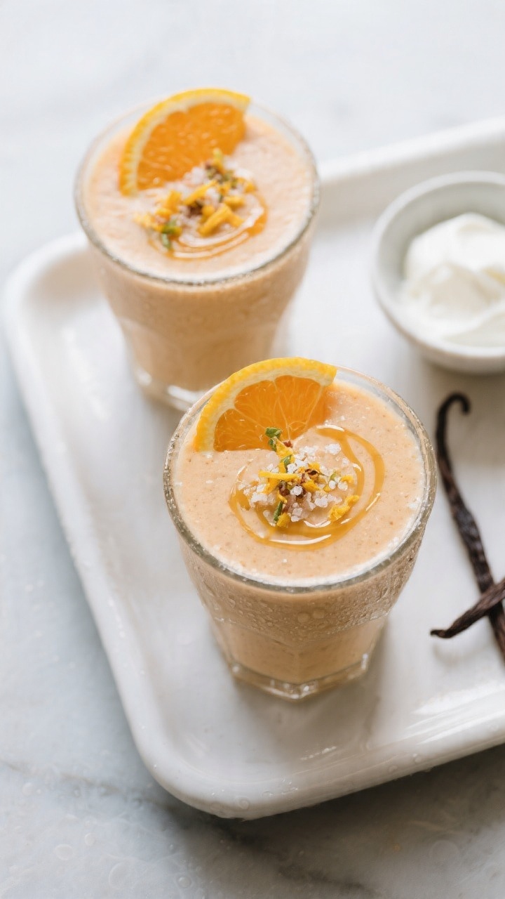 Tasty top view: Overhead shot of two filled glasses of Winter Citrus Smoothie on a white ceramic tra