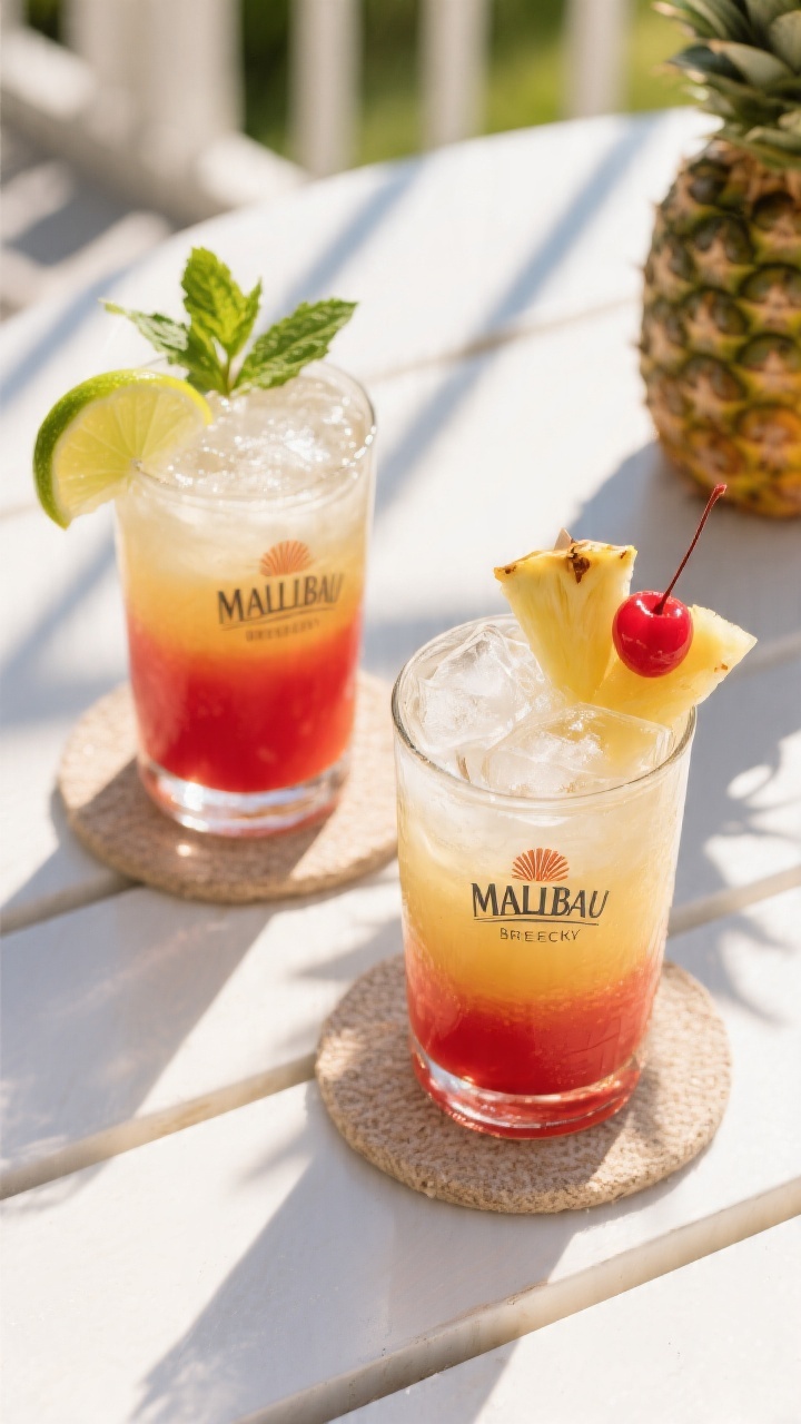 Tasty top view: Overhead shot of two finished Malibu Bay Breezes on a sunlit outdoor tabletop, both 