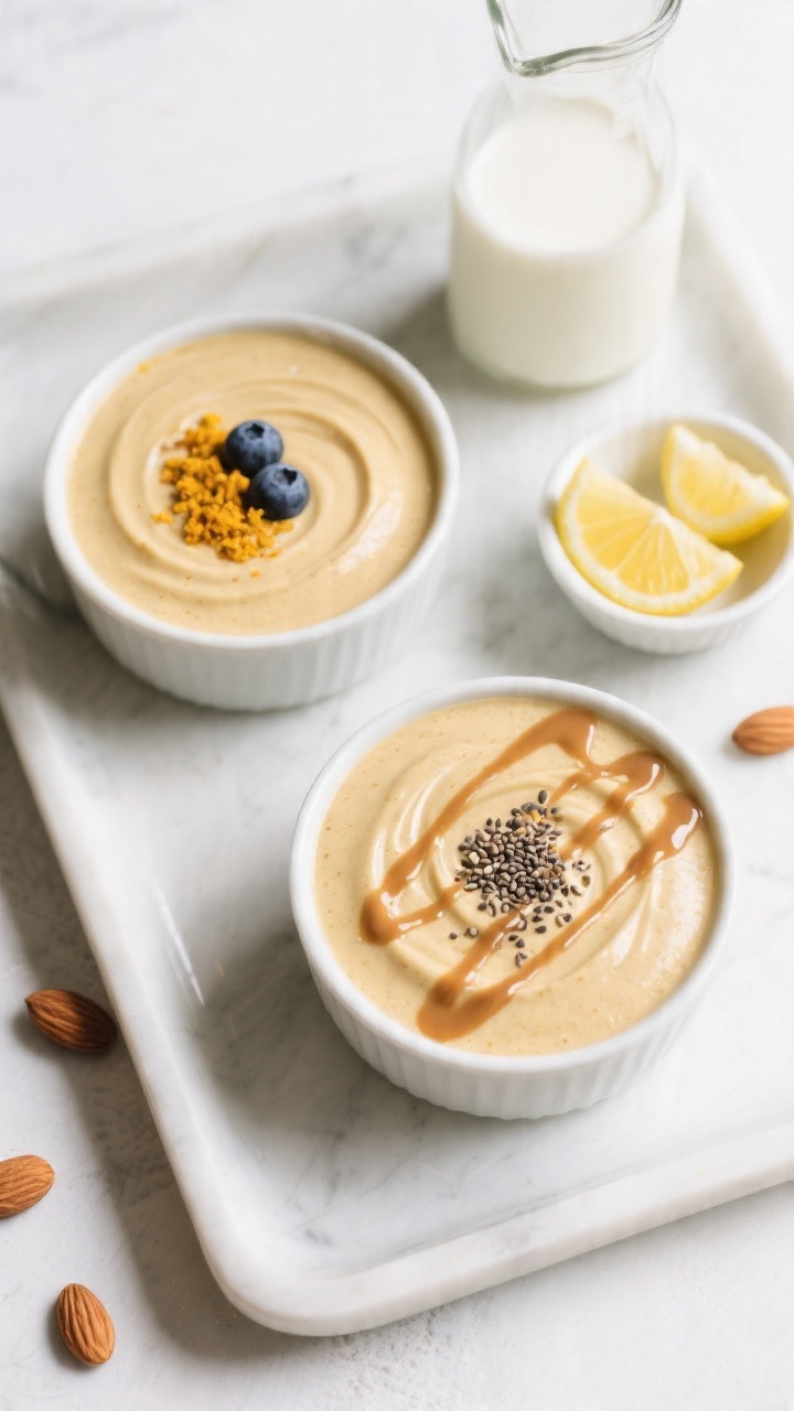 Tasty top view: Overhead shot of two finished smoothies on a matte white tray, each with a smooth, v
