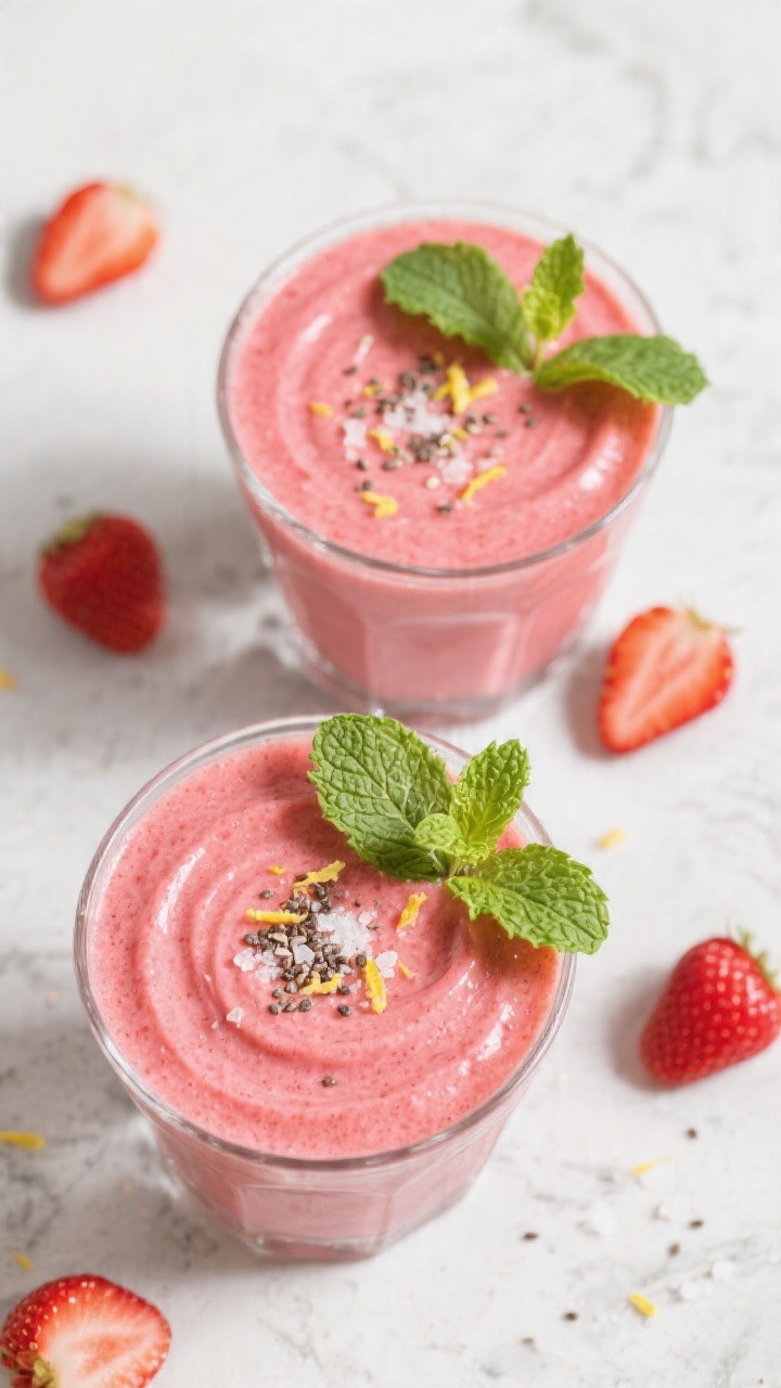 Tasty top view: Overhead shot of two finished Strawberry Mint Glow Smoothies on a light stone surfac