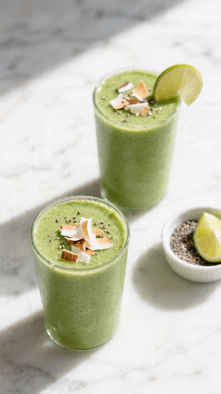 Tasty top view: Overhead shot of two finished tropical green smoothies in simple cylindrical glasses