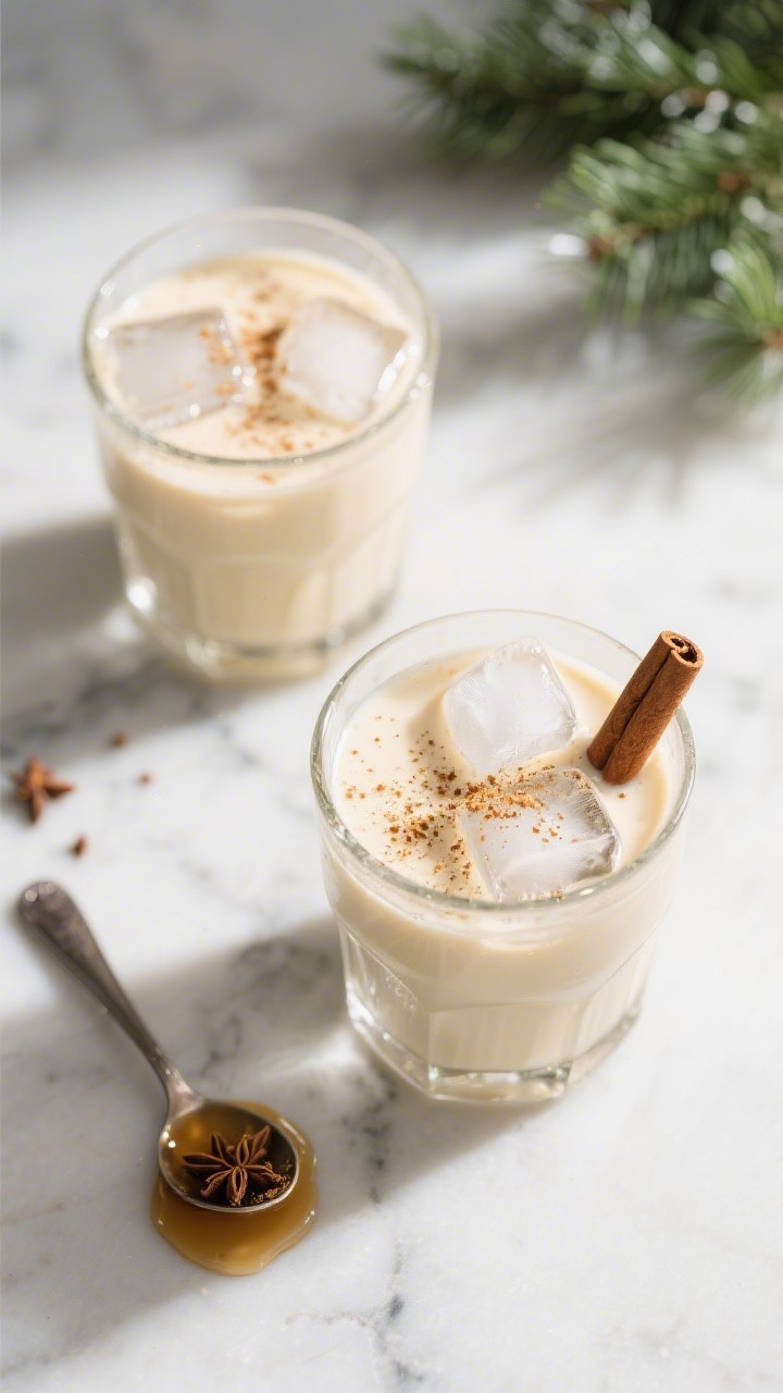 Tasty top view: Overhead shot of two lowball glasses filled with chilled vegan eggnog over large cle