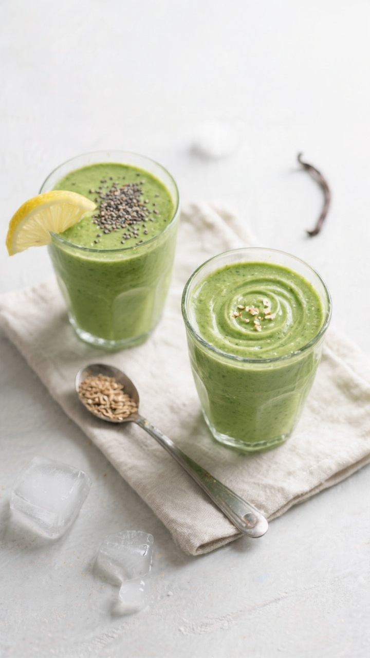Tasty top-view: Overhead shot of two matching glasses of the Avocado Spinach Smoothie, thick and uni