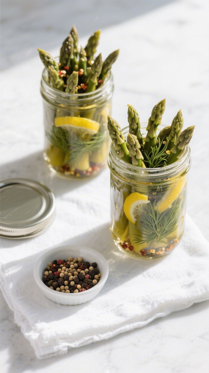 Tasty top view: Overhead shot of two pint jars of finished pickled asparagus cooled and refrigerated