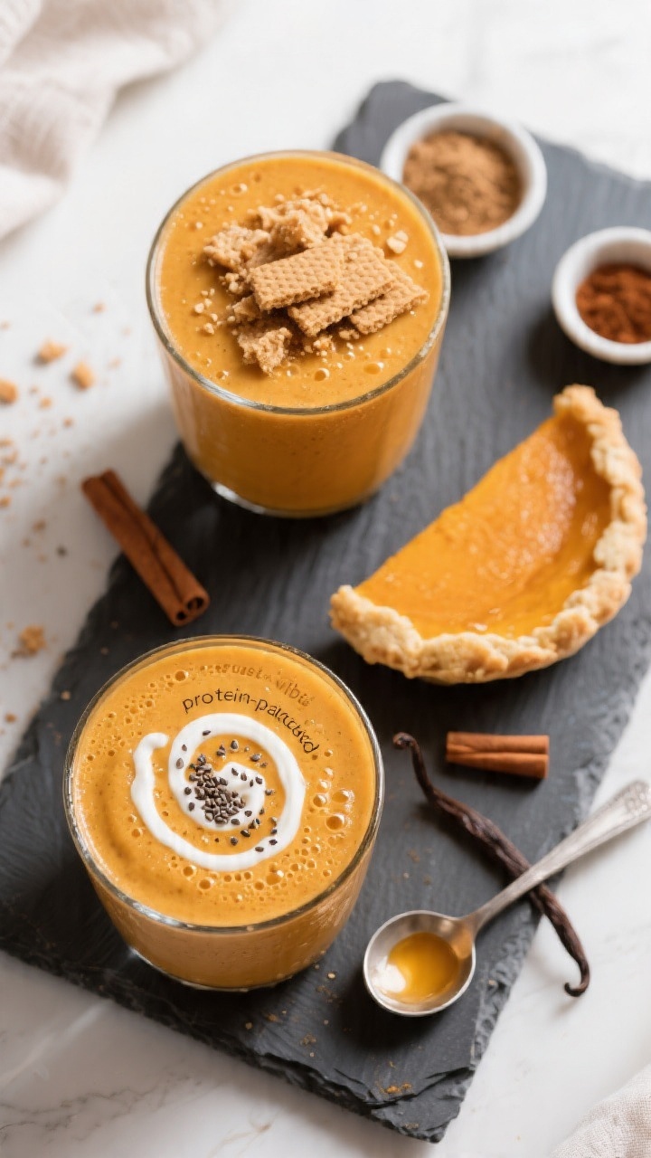 Tasty top view: Overhead shot of two pumpkin smoothies on a slate board, one garnished “protein-pa