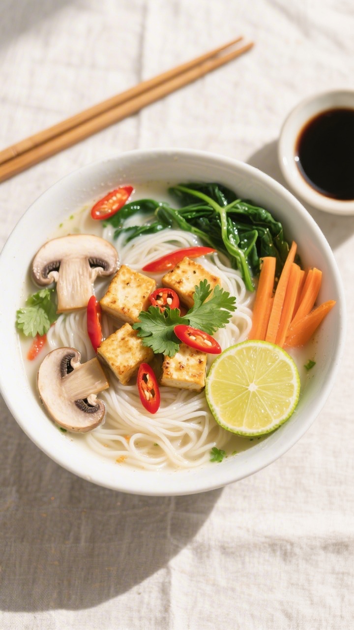 Tasty top view: Overhead shot of Vegan Thai Noodle Soup assembled—nest of flat rice noodles under 