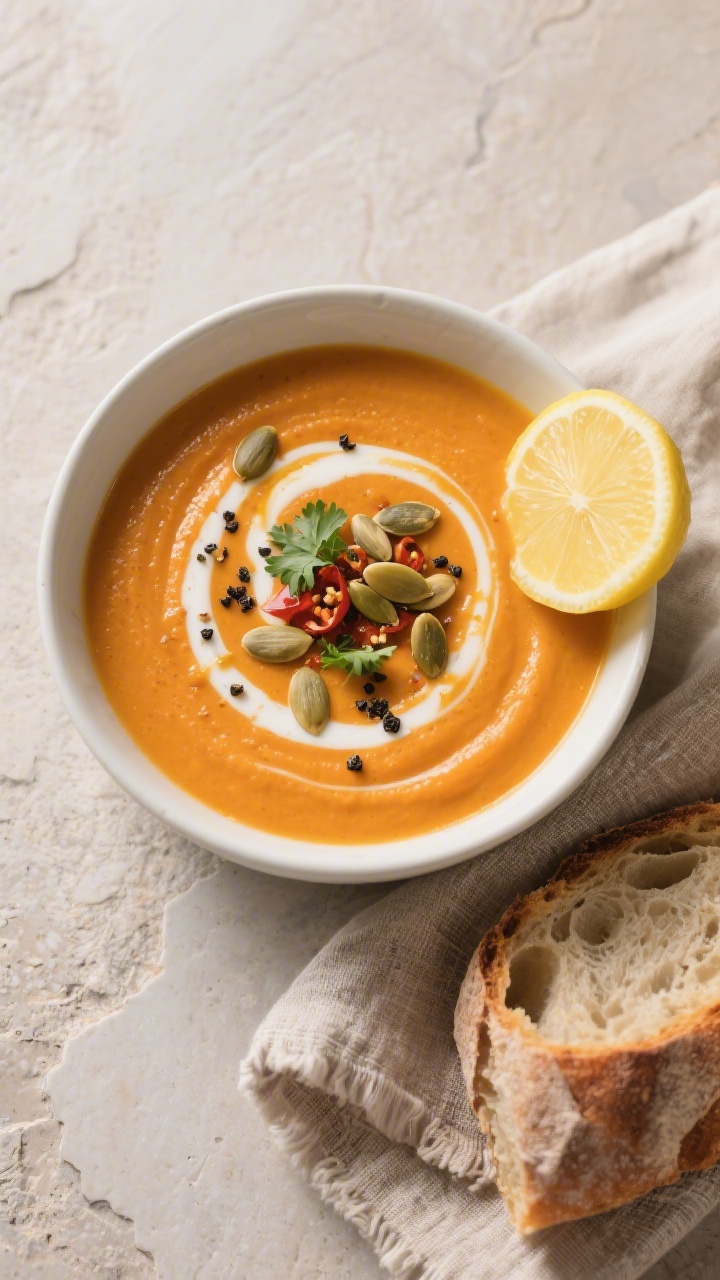 Tasty top view: Overhead shot of velvety spiced carrot pumpkin soup in a matte white bowl, rich suns